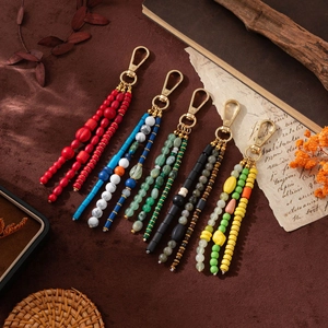 Bohemian Beaded Tassel Keychain Bag Charm For Women Alloy Resin Synthetic Stone Multi Strand Pendant Ethnic Accessory