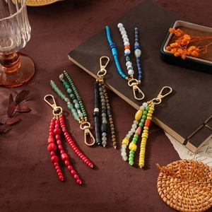 Bohemian multicolored beaded tassel charms with gold buckles for bags and keyrings