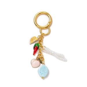 Fashionable 18K gold charm keychain with colorful fruit pendants and white faux pearls
