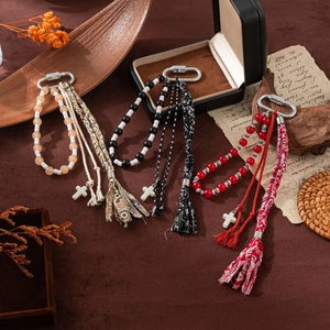 Cross beaded keychain with tassels in bohemian style for bags and accessories