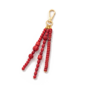 Bohemian red marble textured bead keychain with triple tassels and gold lobster clasp