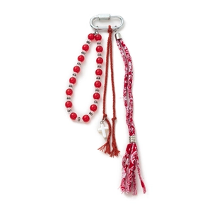 Ethnic keychain with red beads, white cross pendant and geometric pattern cotton tassel