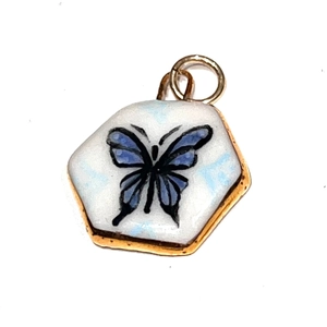 Pendentif papillon hexagonal en céramique vintage avec cadre plaqué or 18 carats DIY