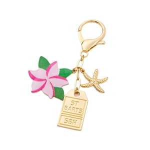 Floral and starfish metal keychain with ST BARTS engraved gold tag and pink flower charm