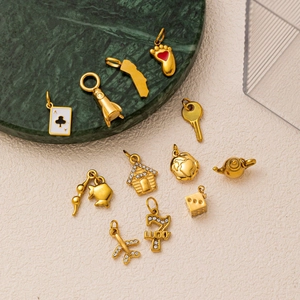 18K gold plated stainless steel house key and lucky charm pendants set for DIY jewelry