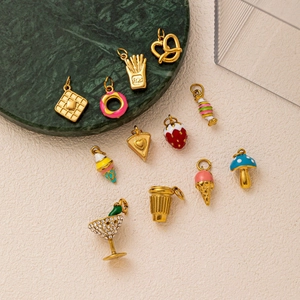 Set of 18K gold plated stainless steel dessert charms with enamel and rhinestones