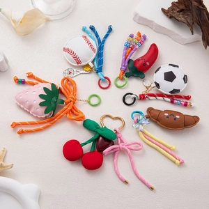Creative fruit and sports keychain set with cherry, strawberry, football and chili charms
