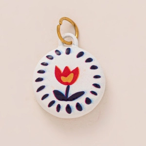 Pendentif tulipe rond en acier inoxydable doré 18 carats avec points bleus et émail