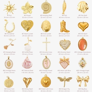 Sammlung von 25 verschiedenen goldenen Edelstahl-Anhängern mit Sonne und Herzen