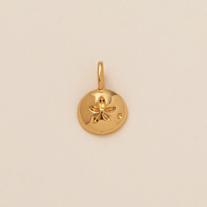 Vue détaillée d'un pendentif pièce marine dorée avec motif d'étoile de mer ajouré