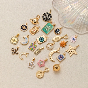 Retro 18K gold tarot charms with colorful enamel moon and star pendants set