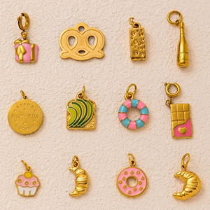 Collier Pendentif Nourriture en Acier Inoxydable pour Femmes Plaqué Or 18K Émail Donut Gâteau Chocolat Croissant Pain Bijoux DIY