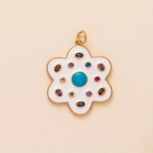 14k gold plated flower pendant with white enamel and multicolor gemstones for necklaces