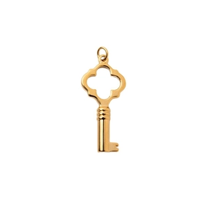 Polished 18K gold plated stainless steel key pendant with hollow quatrefoil design