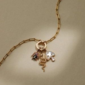 Gold paperclip chain necklace with spider, snake, and mushroom pendants on textured surface