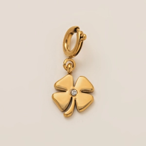 Gold plated stainless steel four-leaf clover pendant with central crystal and ring clasp