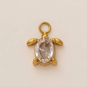 Detailopname van een vergulde schildpad hanger met een glanzende kristallen schelp