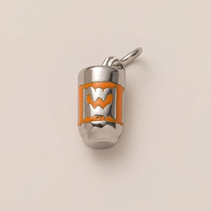Detail of 18K gold-plated stainless steel cylinder pendant with orange enamel and W-wing design