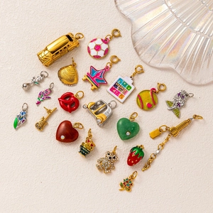 18K gold plated stainless steel charms set including pink perfume bottle and Eiffel Tower