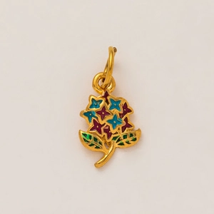 Detailed close-up of a 18K gold plated flower bouquet pendant with colorful enamel petals