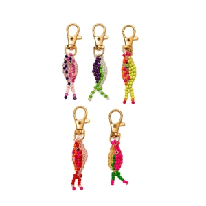 Set of five handmade colorful beaded fish keychains with gold metal lobster clasps