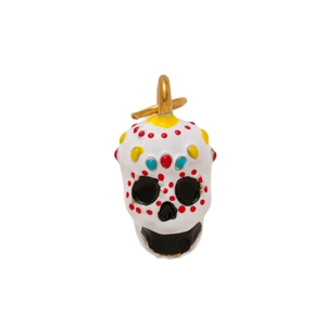 Polished 18K gold plated sugar skull pendant with colorful enamel dots on white background