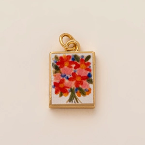 18K gold-plated rectangular floral pendant with colorful enamel flower patterns