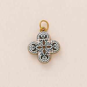 18K gold plated stainless steel floral pendant with white enamel and ethnic patterns