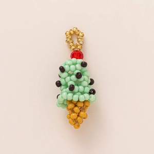 Handmade beaded keychain charm featuring a mint chocolate ice cream cone design
