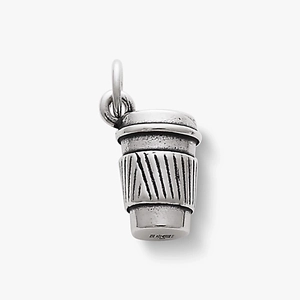 Macro view of coffee cup charm showing detailed 925 silver stamp and textured sleeve
