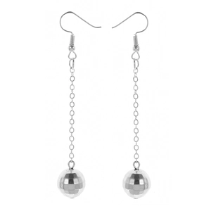 Elegant silver disco ball drop earrings with long metal tassel chains for women