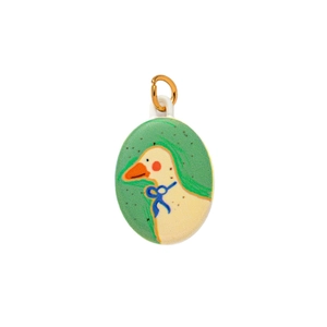 Oval duck charm pendant with green scarf and blue bow on minimalist white background
