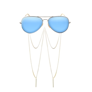 Silver aviator sunglasses with blue lenses and a long double-layered golden chain