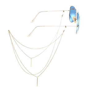 Blue aviator sunglasses with multi-layered gold metal chain and rectangular bar charms