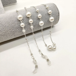 Elegant pearl eyewear chain with silver metal links and anti-slip silicone loops