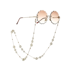 Frameless petal edge sunglasses with pink gradient lenses and elegant pearl eyewear chain