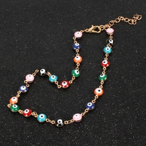 Colorful Evil Eye necklace with gold alloy chain and multi-color enamel beads in boho style