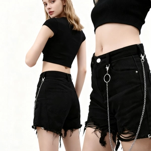 Women's punk hip-hop black high waist denim shorts with multi-layer metal chain and fringe