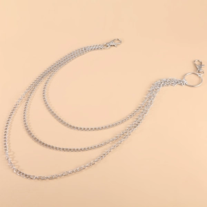 Close-up of triple-layered silver metal hip hop pant chains with lobster clasps