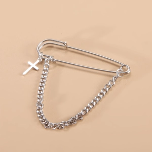 Cool silver metal safety pin brooch with retro cross chain and minimalist hip hop style