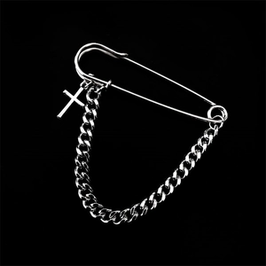 Gothic silver cross chain brooch pin in punk style for men and women on black background