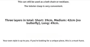 Size chart showing 3-layer butterfly waist chain lengths of 39cm, 42cm, and 49cm