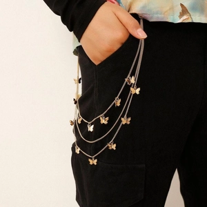 Three-layer butterfly metal waist chain featuring golden pendants for women pants