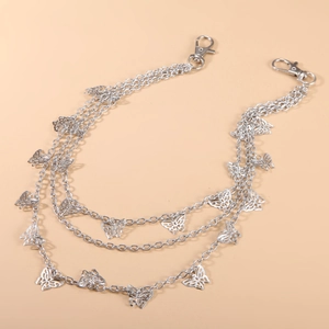 Three-layer silver metal waist chain with hollow butterfly pendants and lobster clasps