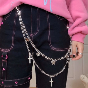 Y2K Punk Hip Hop Double Layer Metal Waist Chain With Hollow Butterfly And Cross Pendant Trouser Accessory Jewelry For Women