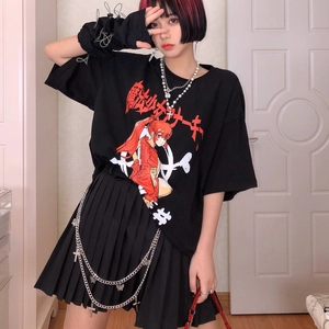 Gothic punk black oversized T-shirt and pleated skirt set with double layered waist chains