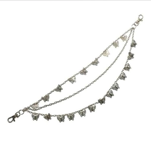 Three-layer silver metal waist chain featuring butterfly pendants and lobster clasps