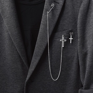 Broche Chaîne en Alliage de Zinc Argent Punk Gothique Avec Double Pendentifs Croix et Épingles à Nourrice Pour Homme Femme Bijoux