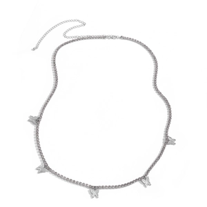 Elegant silver body chain with butterfly tassels and micro-inlaid cubic zirconia stones