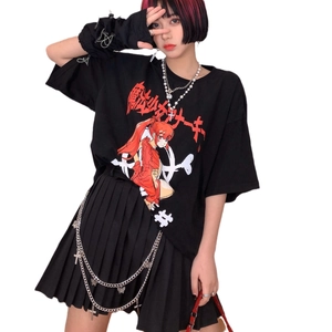 Double-layer hip-hop waist chain with butterfly and cross charms on black pleated skirt